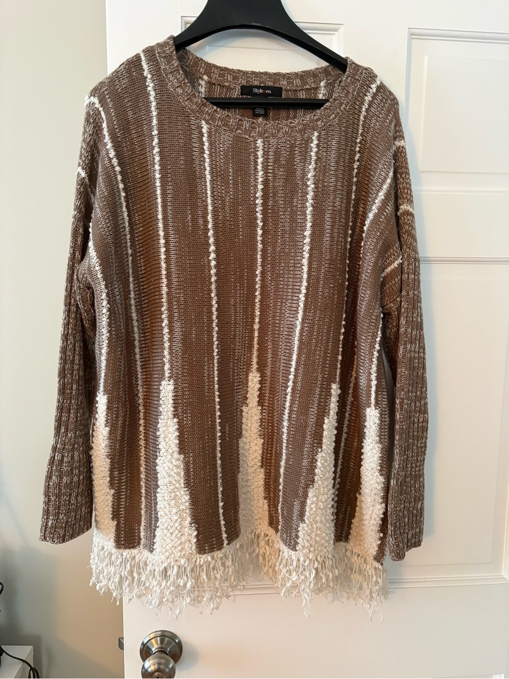 Style & Co. Brown & Cream Striped Fringe Knit Pullover